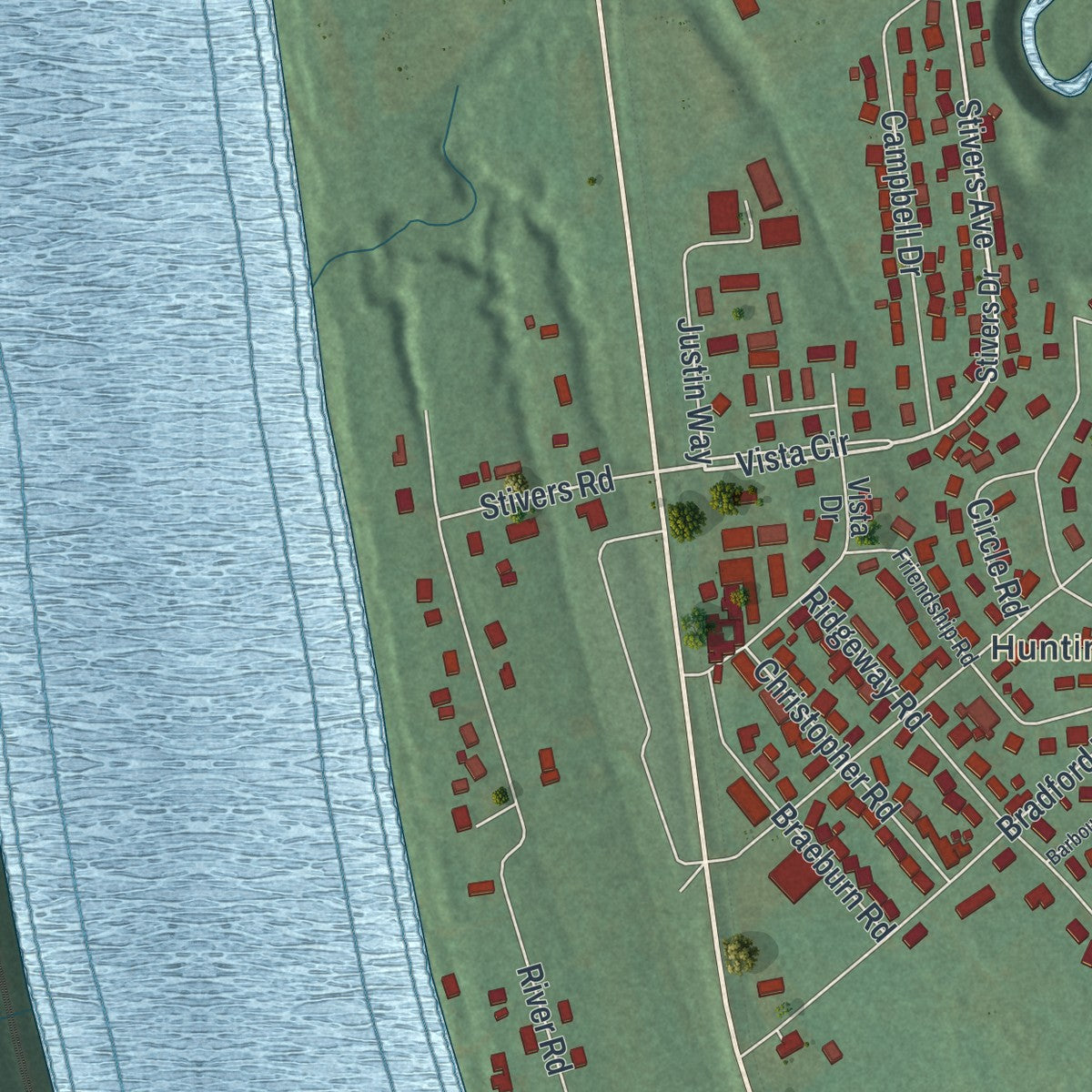 Second close-up of the map of Aberdeen, Ohio print showing more streets and buildings