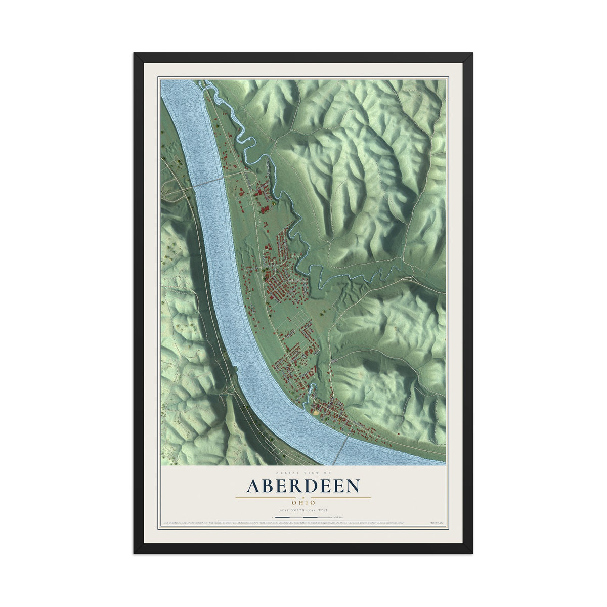 Map of Aberdeen, Ohio, 12 x 18 inch print in a black wood frame
