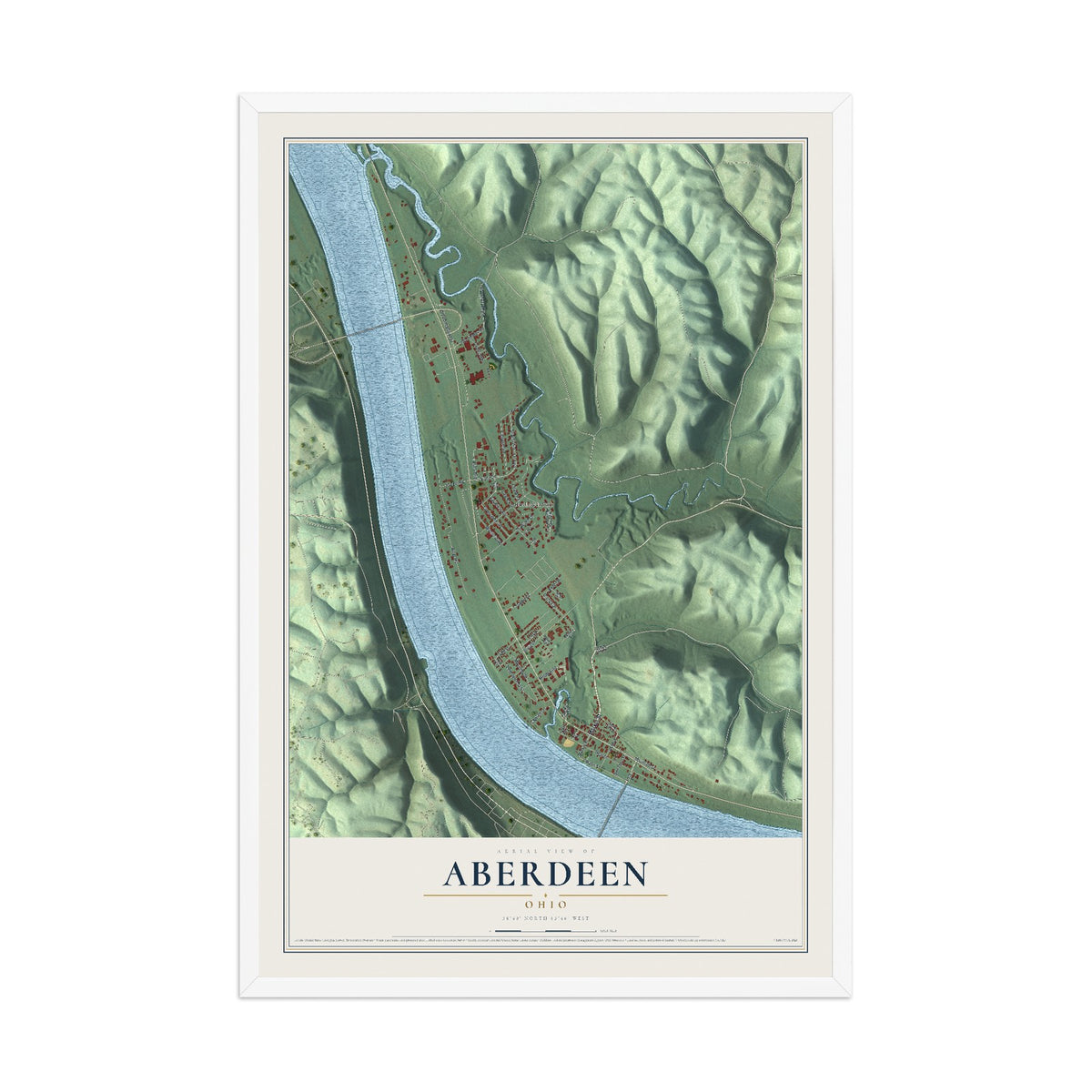 Map of Aberdeen, Ohio, 12 x 18 inch print in a white wood frame