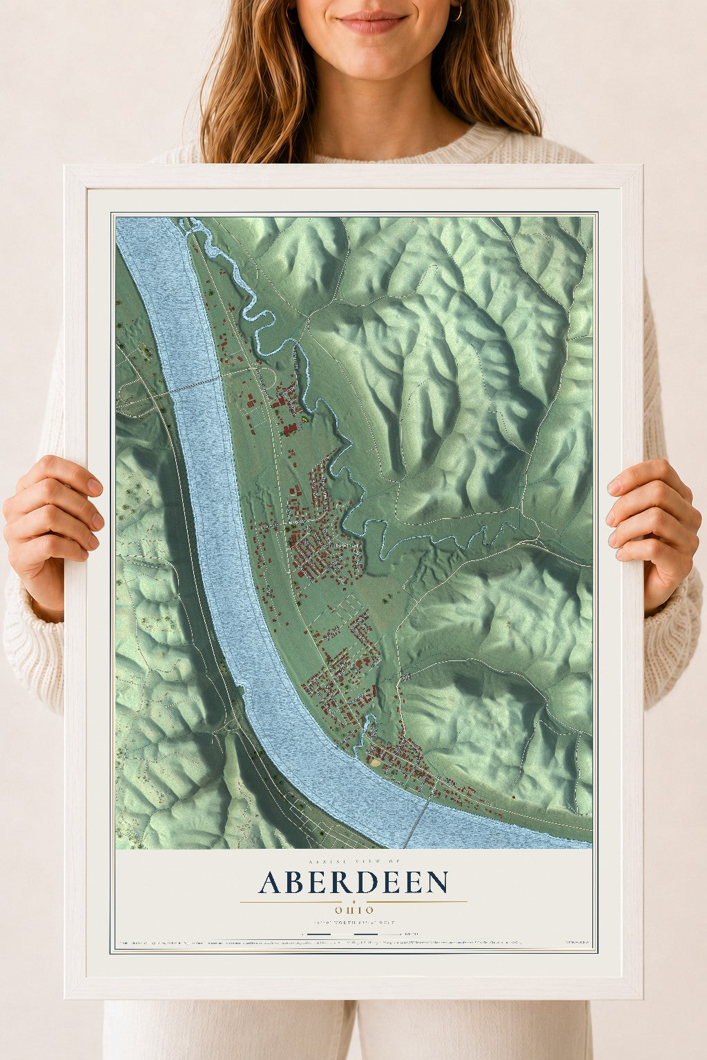 Map of Aberdeen, Ohio, 18 x 24 inch print in a white wood frame