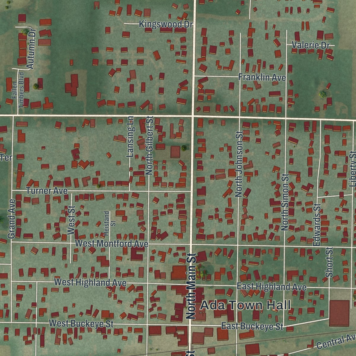 Close-up of the map of Ada, Ohio print showing street and building detail