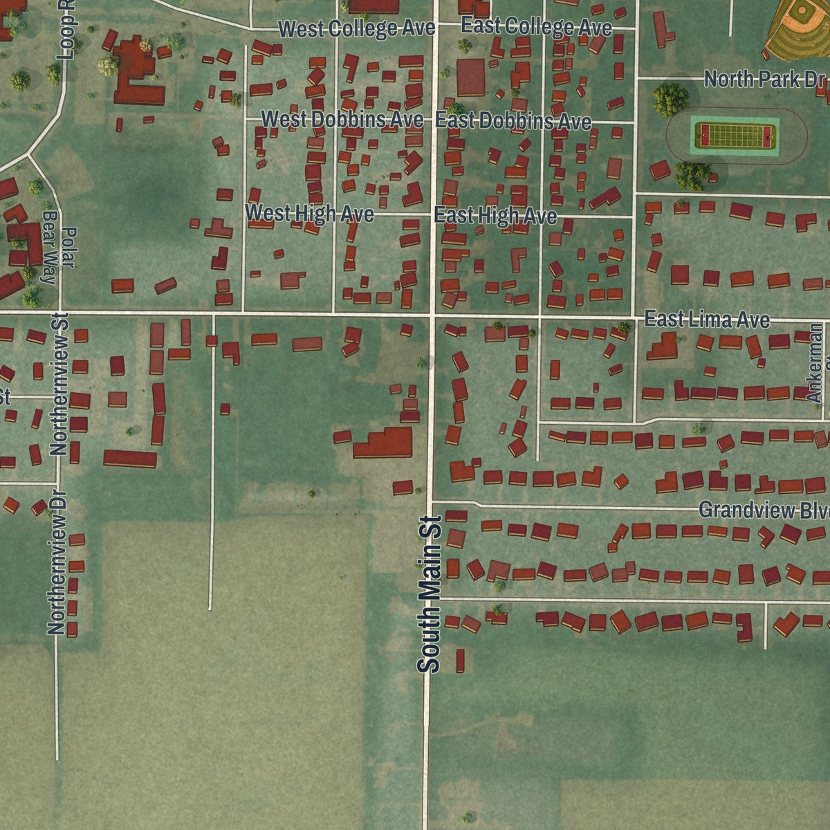 Second close-up of the map of Ada, Ohio print showing more streets and buildings