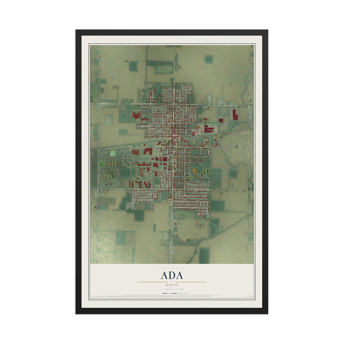 Map of Ada, Ohio, 12 x 18 inch print in a black wood frame