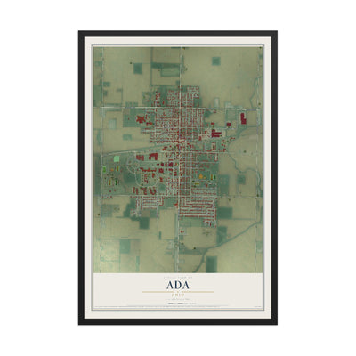 Map of Ada, Ohio, 12 x 18 inch print in a black wood frame