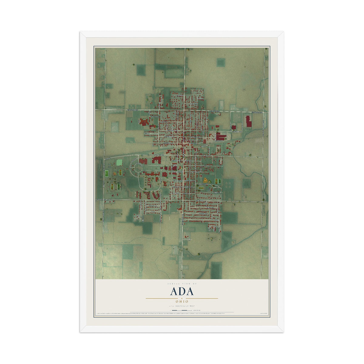 Map of Ada, Ohio, 12 x 18 inch print in a white wood frame