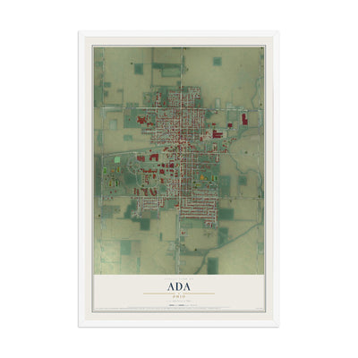 Map of Ada, Ohio, 12 x 18 inch print in a white wood frame