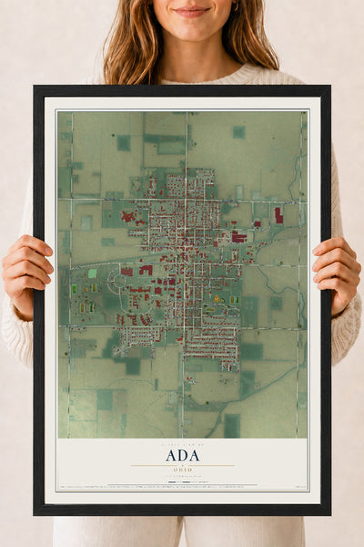 Map of Ada, Ohio, 18 x 24 inch print in a black wood frame
