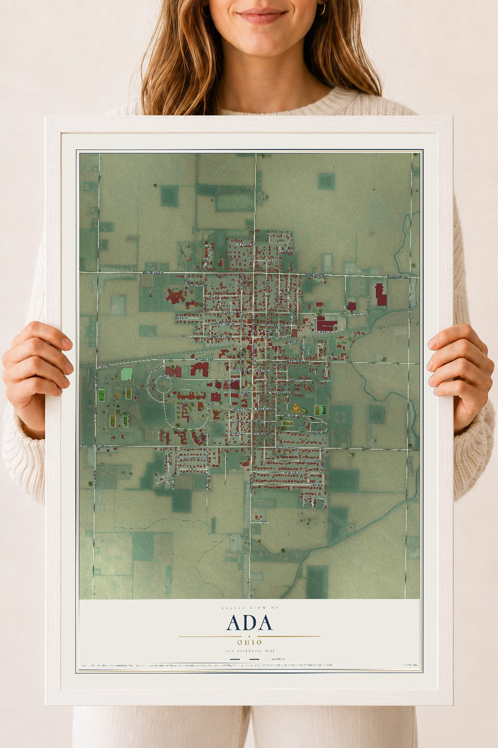 Map of Ada, Ohio, 18 x 24 inch print in a white wood frame