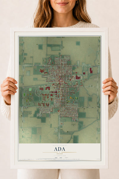 Map of Ada, Ohio, 18 x 24 inch print in a white wood frame