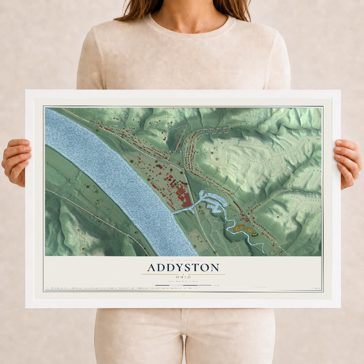 Map of Addyston, Ohio, 12 x 18 inch print in a white wood frame