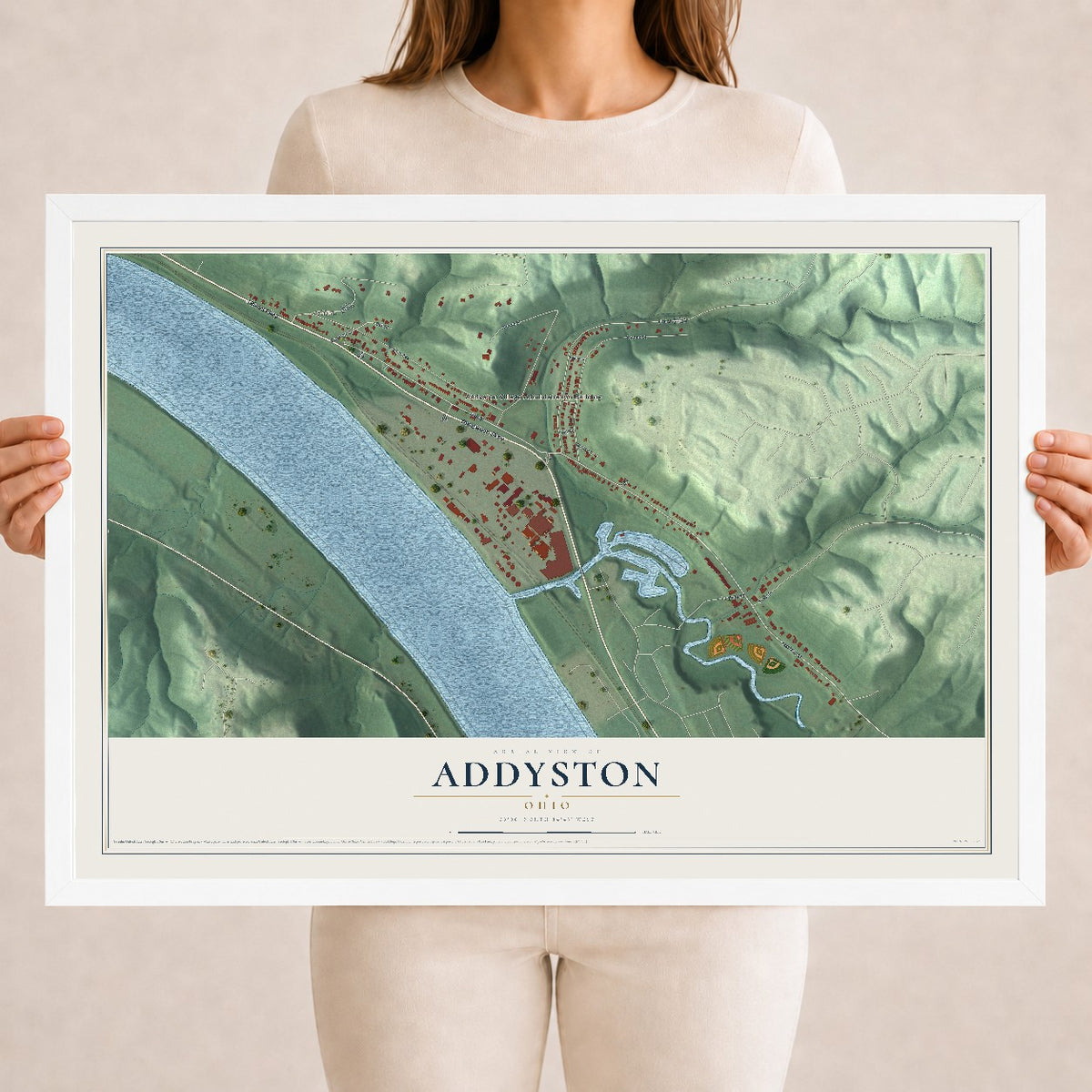 Map of Addyston, Ohio, 18 x 24 inch print in a white wood frame