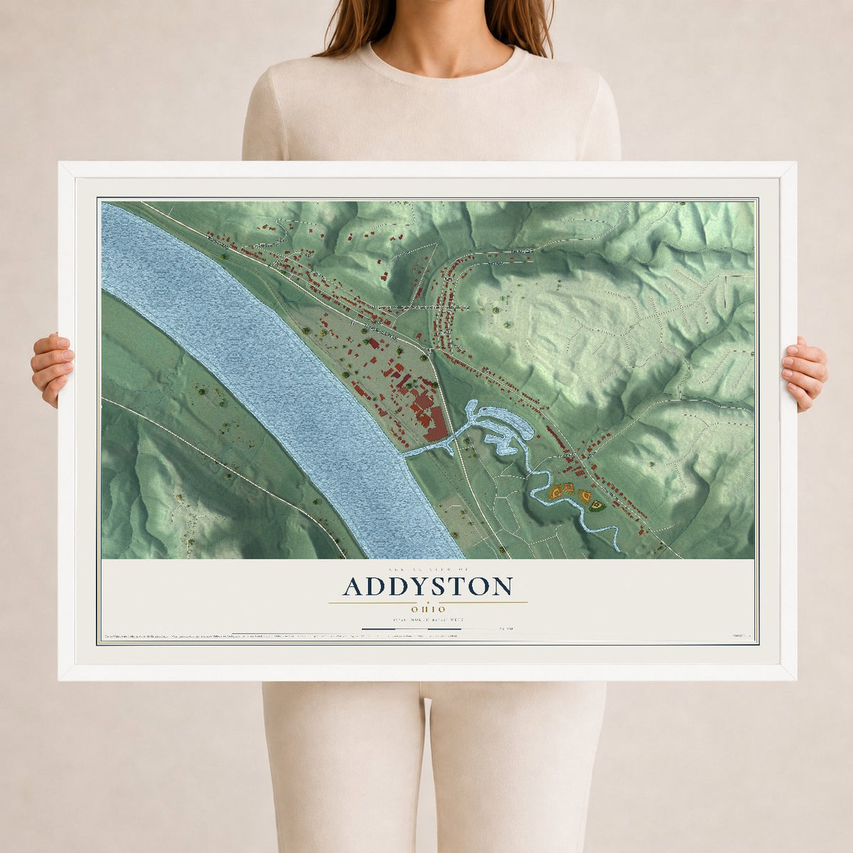 Map of Addyston, Ohio, 24 x 36 inch print in a white wood frame