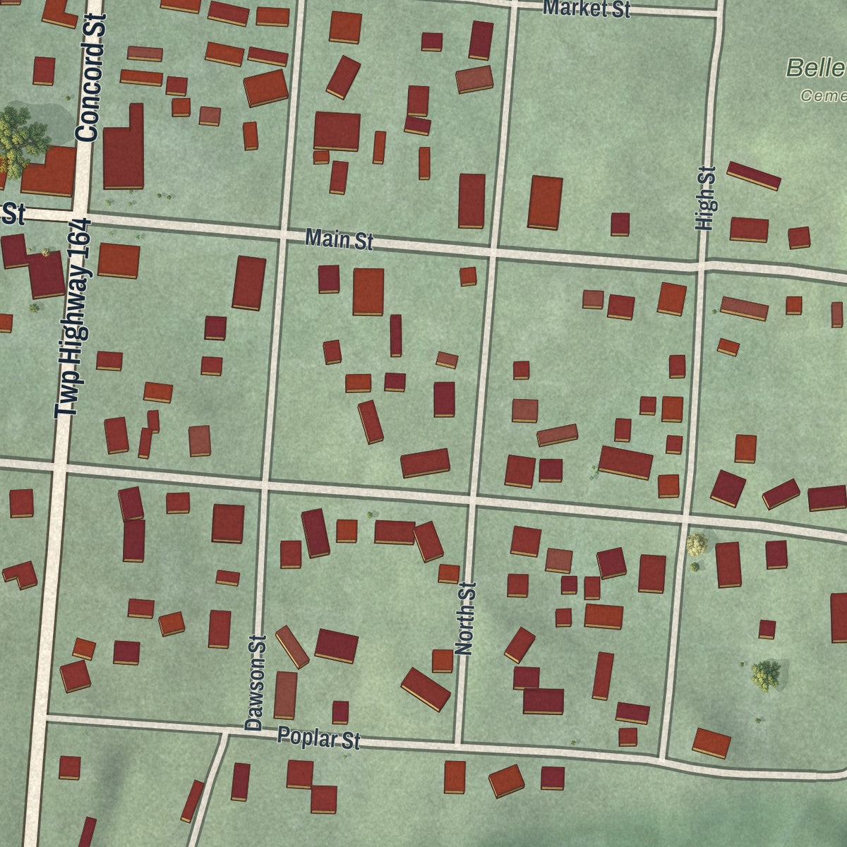 Close-up of the map of Adelphi, Ohio print showing street and building detail