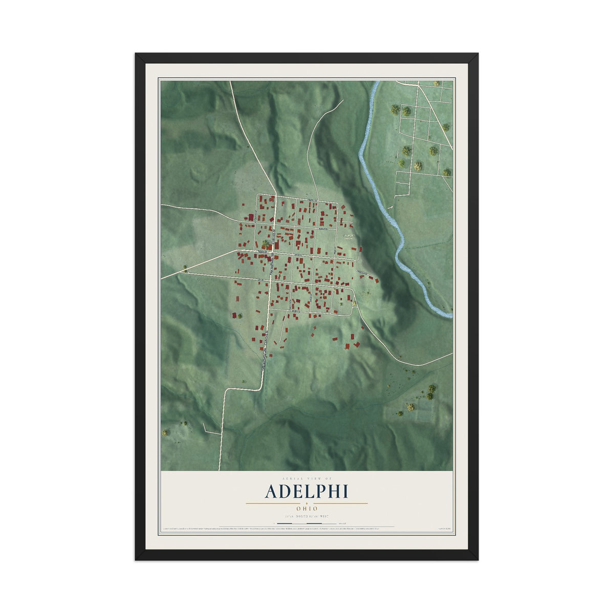 Map of Adelphi, Ohio, 12 x 18 inch print in a black wood frame