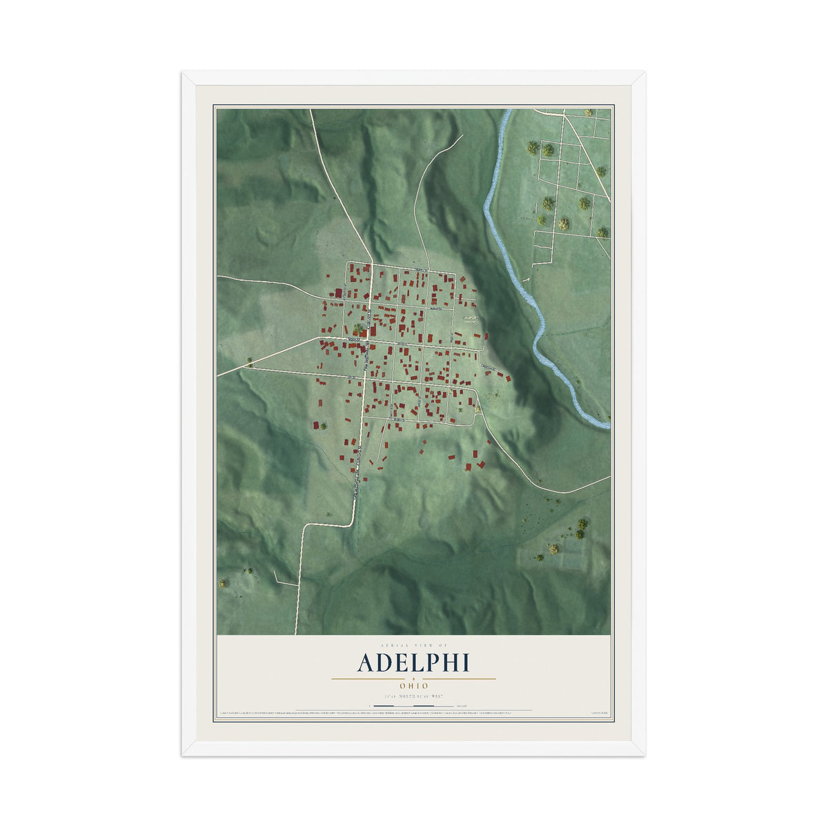 Map of Adelphi, Ohio, 12 x 18 inch print in a white wood frame