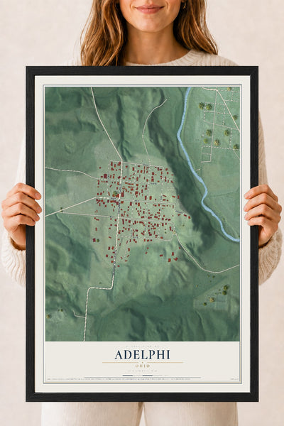 Map of Adelphi, Ohio, 18 x 24 inch print in a black wood frame