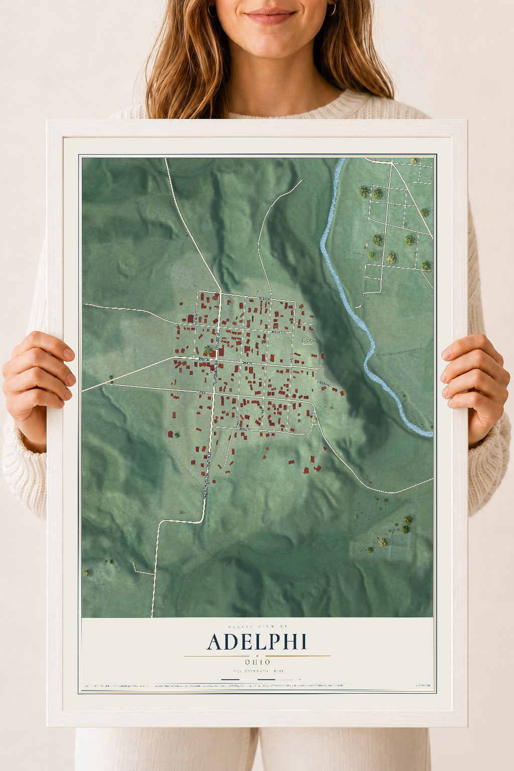 Map of Adelphi, Ohio, 18 x 24 inch print in a white wood frame
