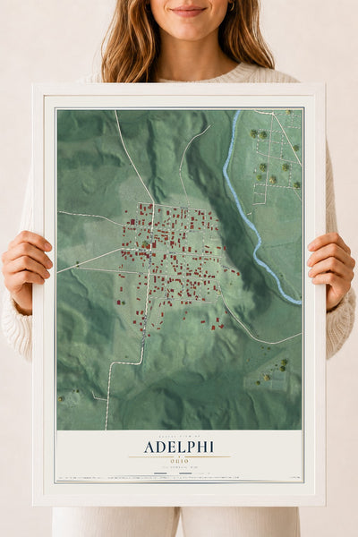 Map of Adelphi, Ohio, 18 x 24 inch print in a white wood frame