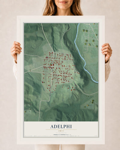 Map of Adelphi, Ohio, 24 x 36 inch print in a white wood frame