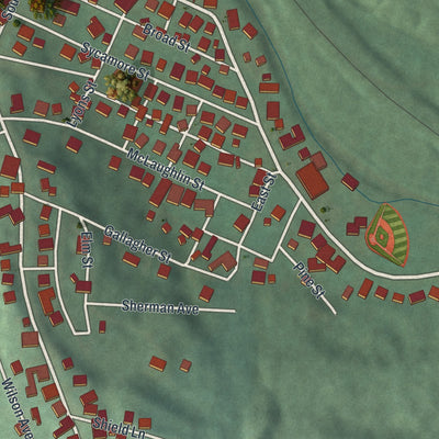 Close-up of the map of Adena, Ohio print showing street and building detail