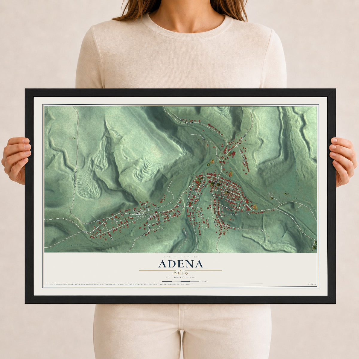Map of Adena, Ohio, 12 x 18 inch print in a black wood frame