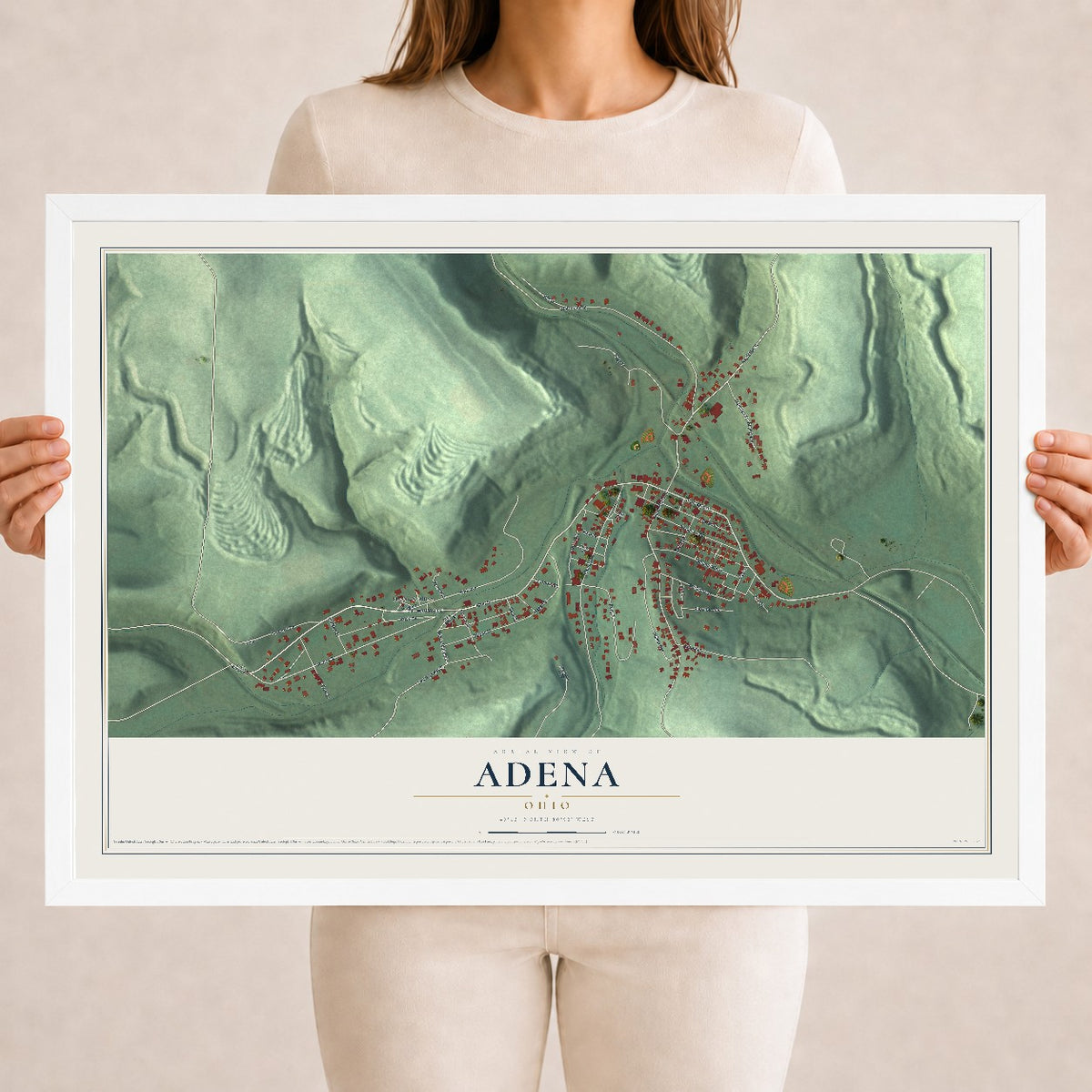 Map of Adena, Ohio, 18 x 24 inch print in a white wood frame