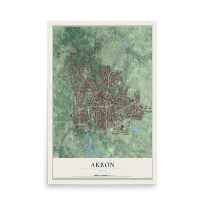 Map of Akron, Ohio, 12 x 18 inch unframed archival matte print