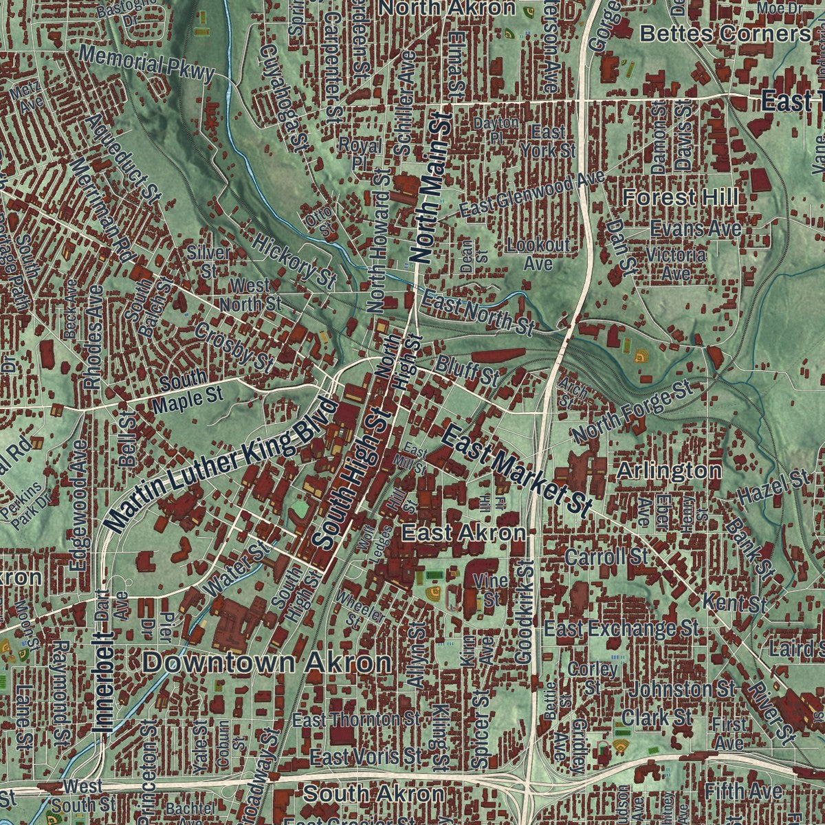 Close-up of the map of Akron, Ohio print showing street and building detail