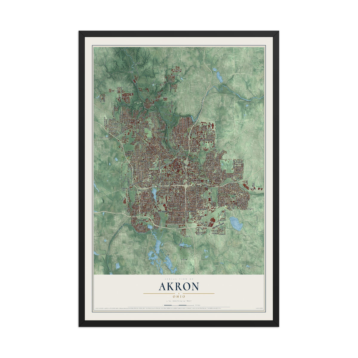 Map of Akron, Ohio, 12 x 18 inch print in a black wood frame