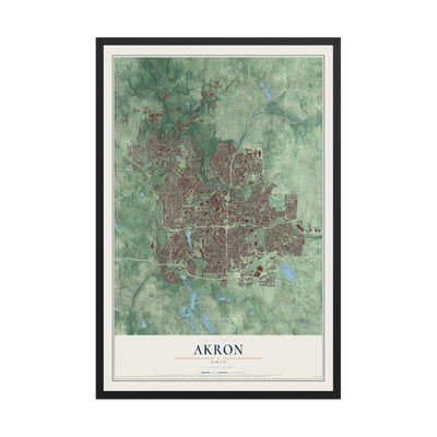 Map of Akron, Ohio, 12 x 18 inch print in a black wood frame