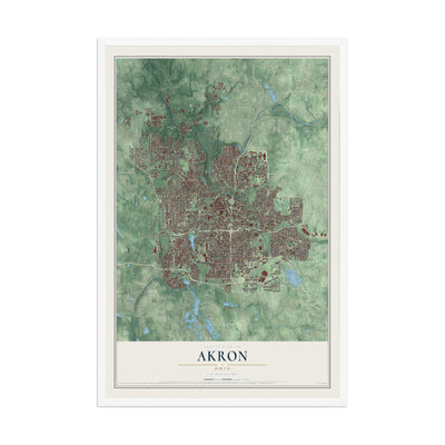Map of Akron, Ohio, 12 x 18 inch print in a white wood frame