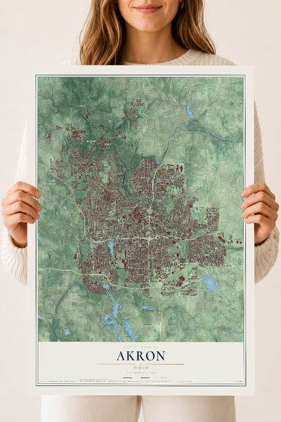 Map of Akron, Ohio, 18 x 24 inch unframed archival matte print