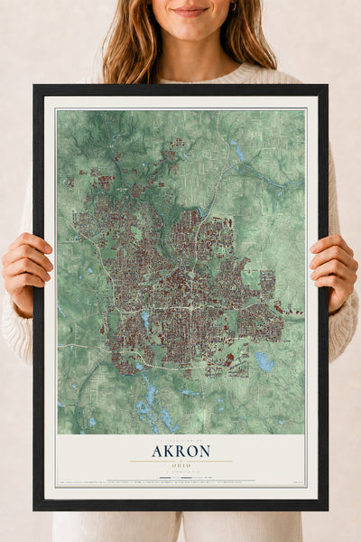 Map of Akron, Ohio, 18 x 24 inch print in a black wood frame