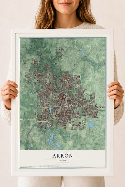 Map of Akron, Ohio, 18 x 24 inch print in a white wood frame