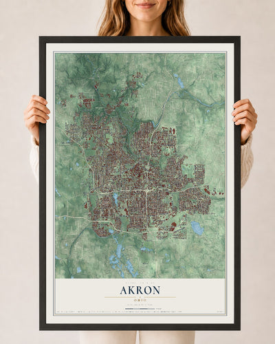 Map of Akron, Ohio, 24 x 36 inch print in a black wood frame