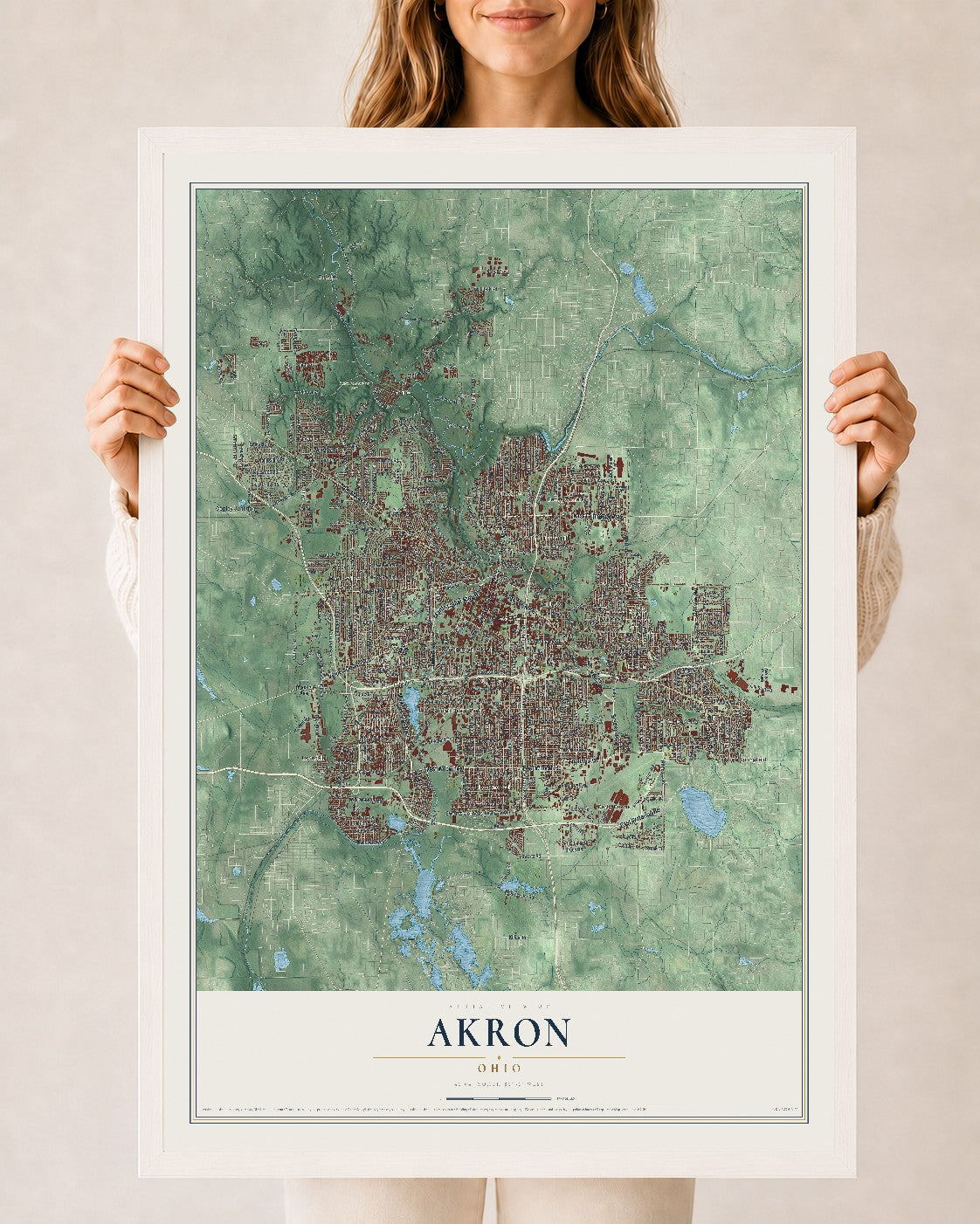Map of Akron, Ohio, 24 x 36 inch print in a white wood frame