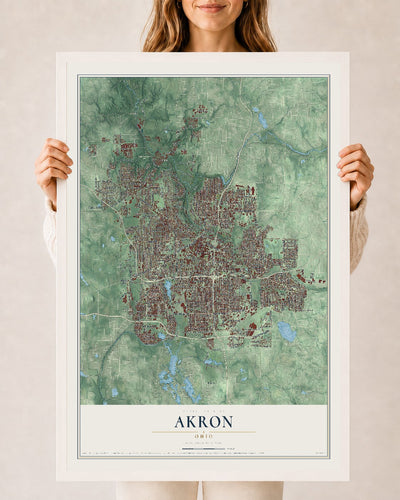 Map of Akron, Ohio, 24 x 36 inch print in a white wood frame