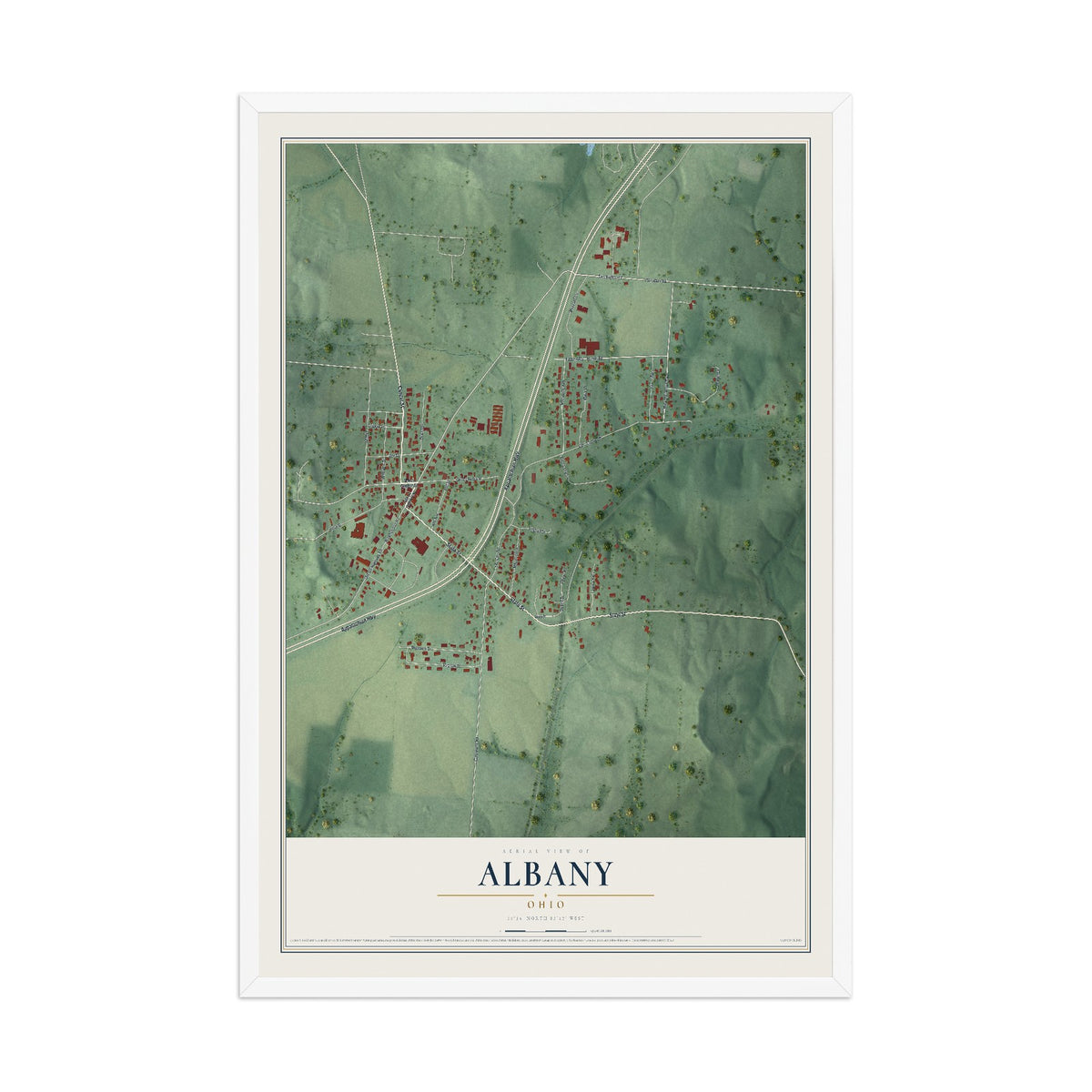 Map of Albany, Ohio, 12 x 18 inch print in a white wood frame