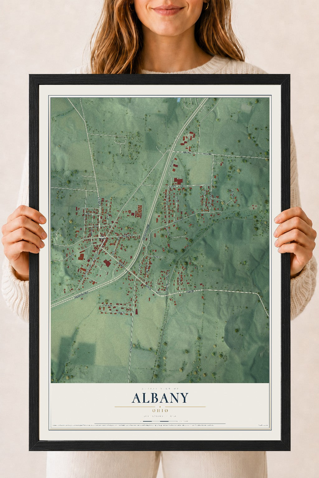 Map of Albany, Ohio, 18 x 24 inch print in a black wood frame