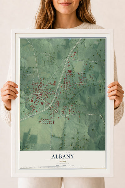 Map of Albany, Ohio, 18 x 24 inch print in a white wood frame