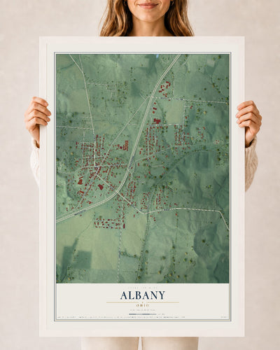 Map of Albany, Ohio, 24 x 36 inch print in a white wood frame