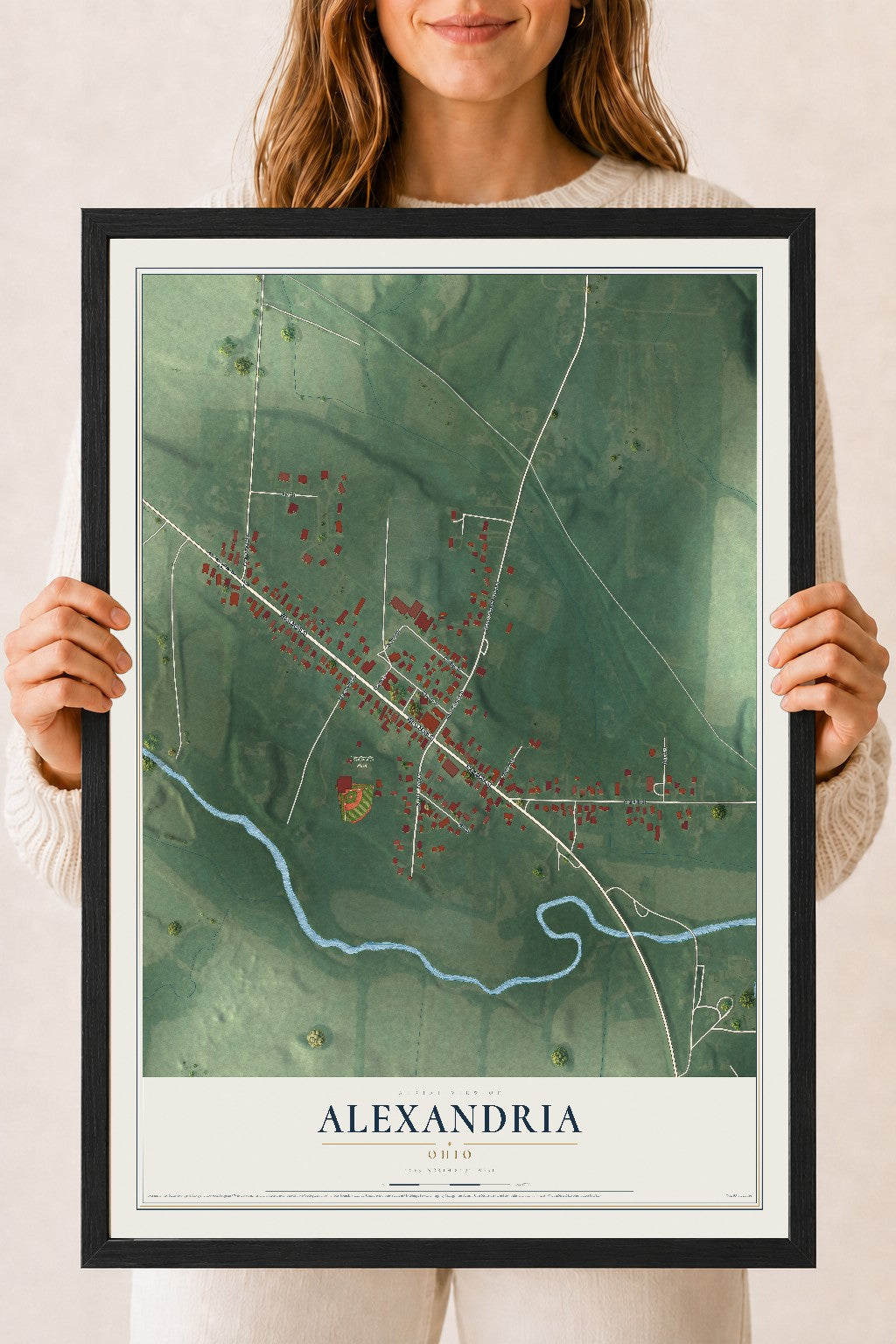 Map of Alexandria, Ohio, 18 x 24 inch print in a black wood frame