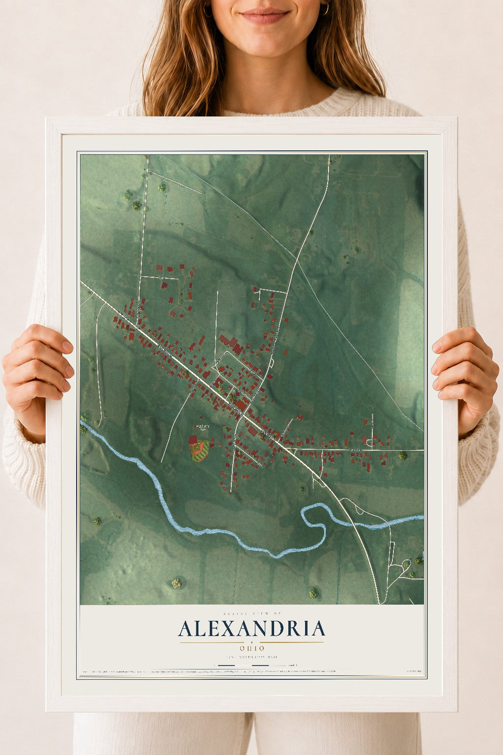 Map of Alexandria, Ohio, 18 x 24 inch print in a white wood frame