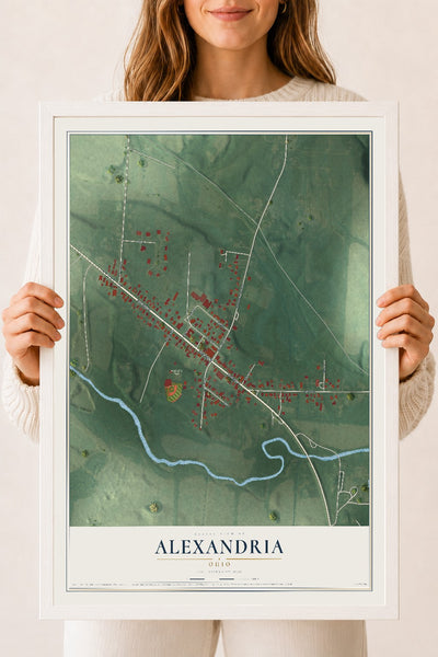 Map of Alexandria, Ohio, 18 x 24 inch print in a white wood frame