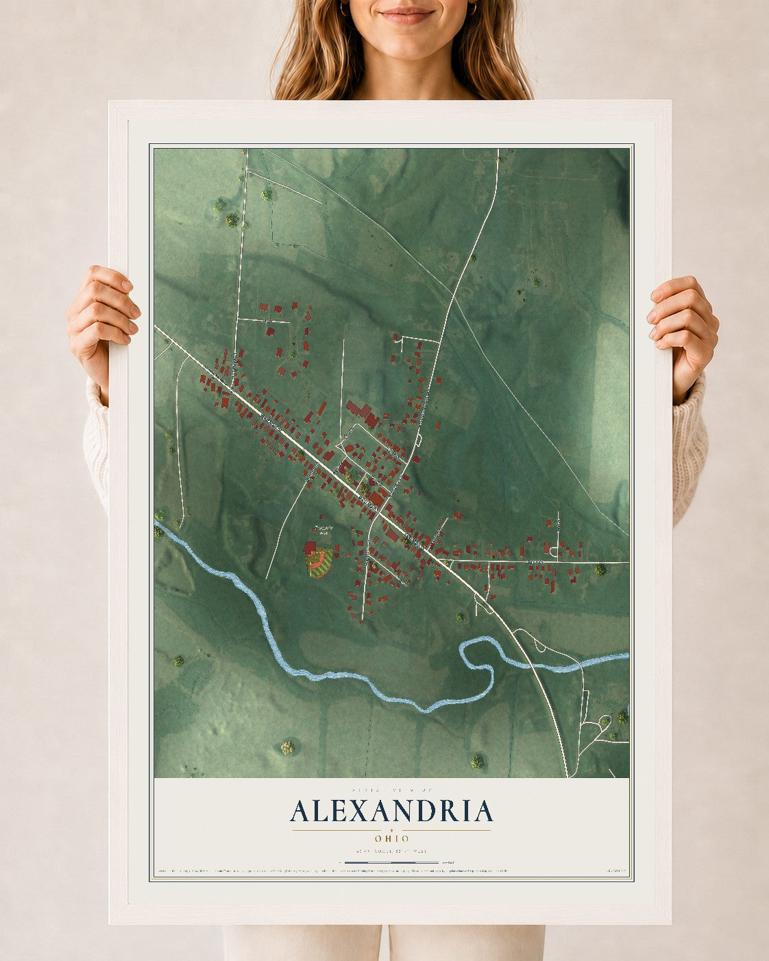 Map of Alexandria, Ohio, 24 x 36 inch print in a white wood frame