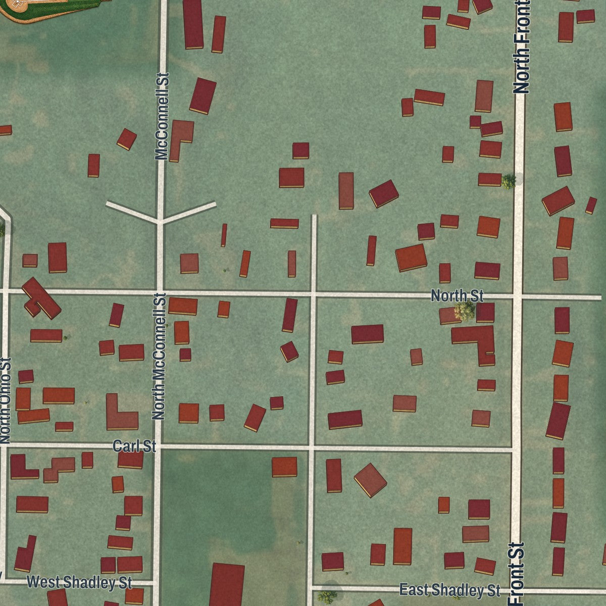 Second close-up of the map of Alger, Ohio print showing more streets and buildings