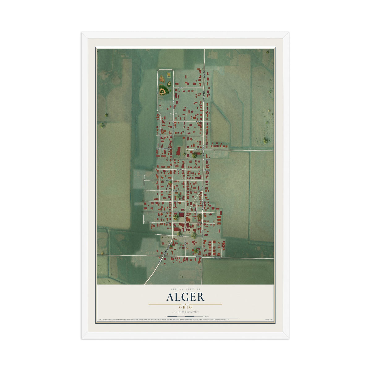 Map of Alger, Ohio, 12 x 18 inch print in a white wood frame
