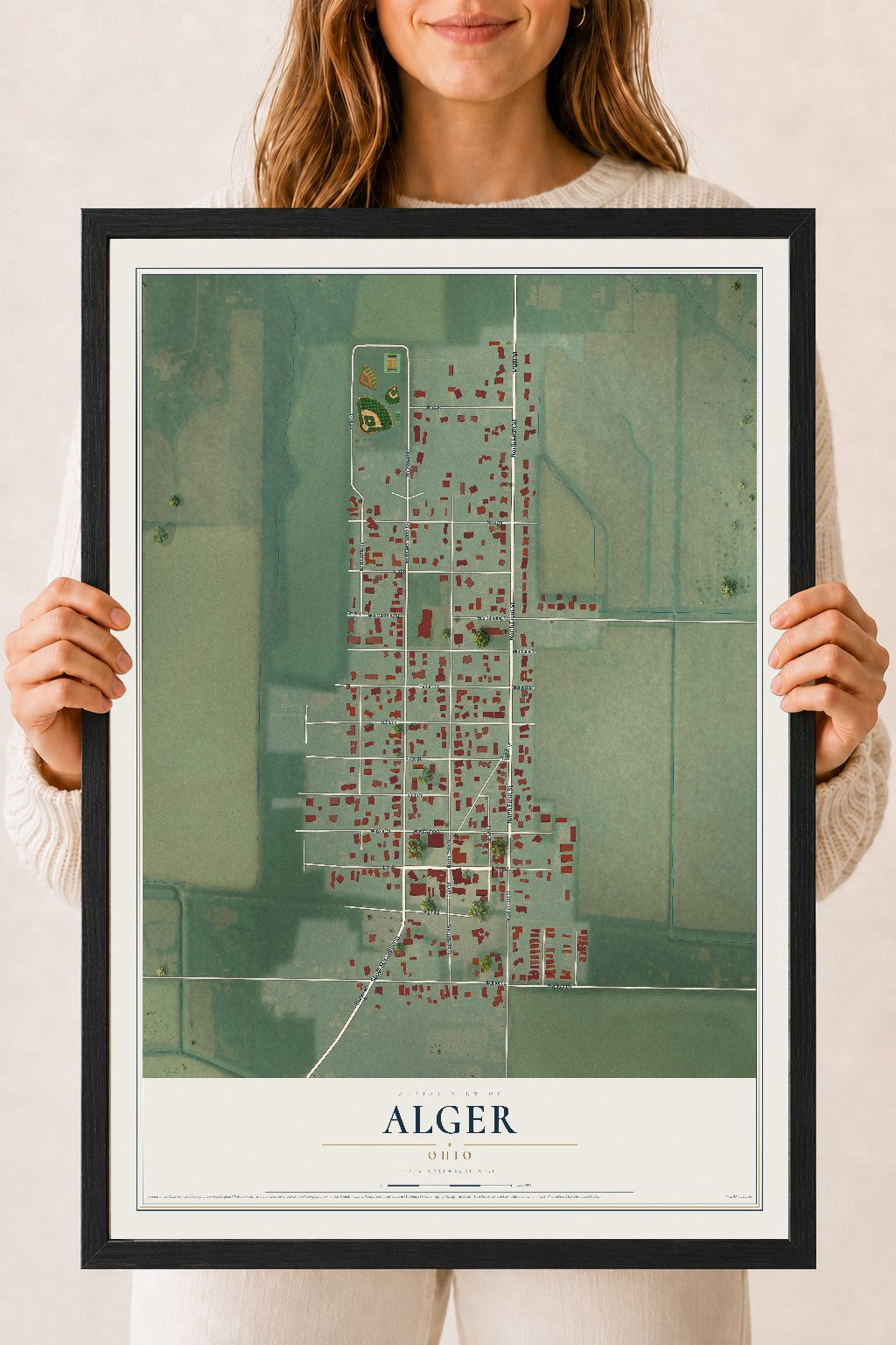 Map of Alger, Ohio, 18 x 24 inch print in a black wood frame
