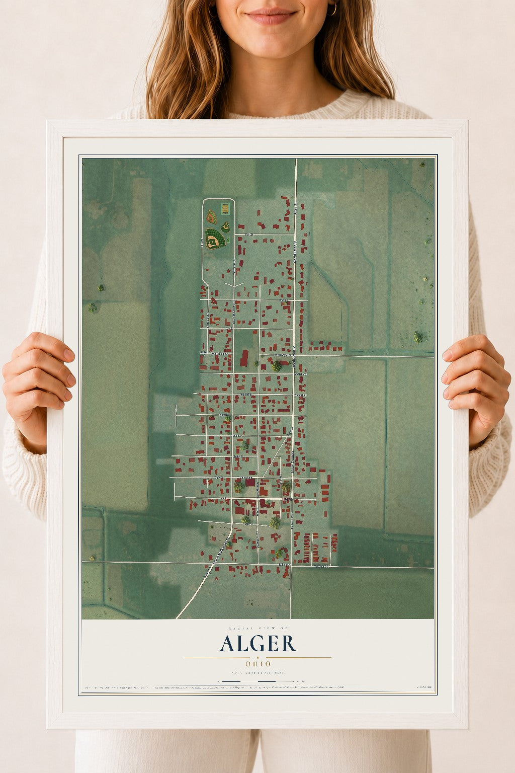 Map of Alger, Ohio, 18 x 24 inch print in a white wood frame