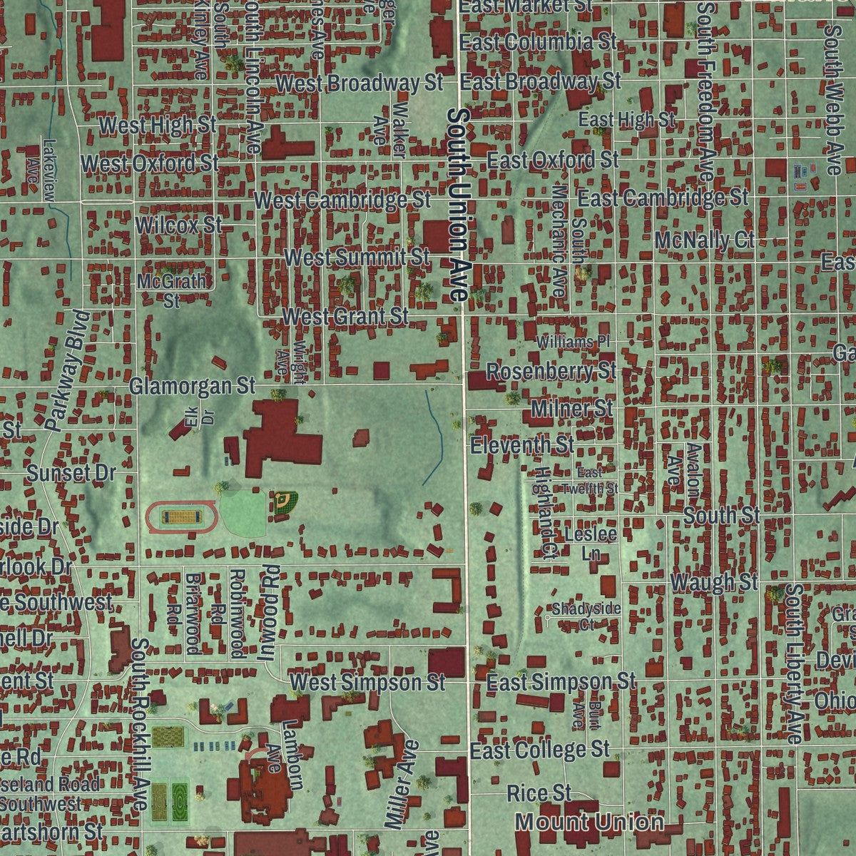 Close-up of the map of Alliance, Ohio print showing street and building detail